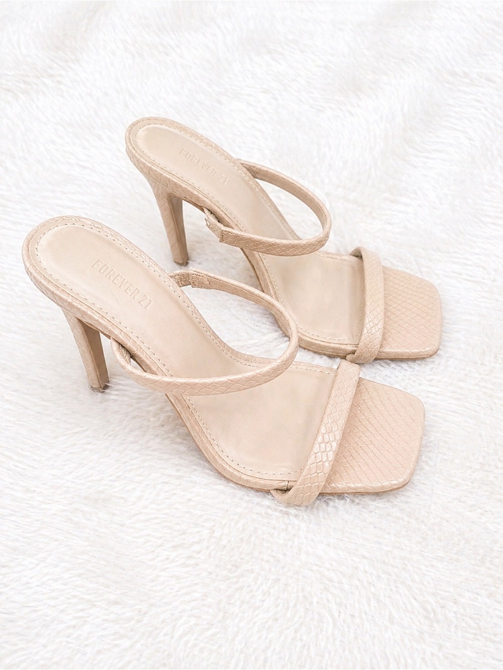 Forever 21 Nude Strappy Heels Size 5.5 Minimalist Square Toe Stiletto Sandals - Picture 2 of 5